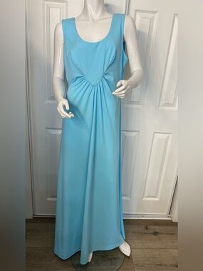 ‼️Vintage 70s Sleeveless Light Blue Maxi Dress with Front Gather